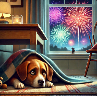 fireworks and dog under rug